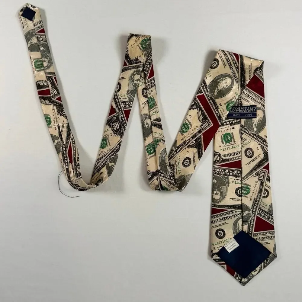 Renaissance Men’s Handmade Neck Tie Money Print Red $100 Dollar Bill Novelty EUC